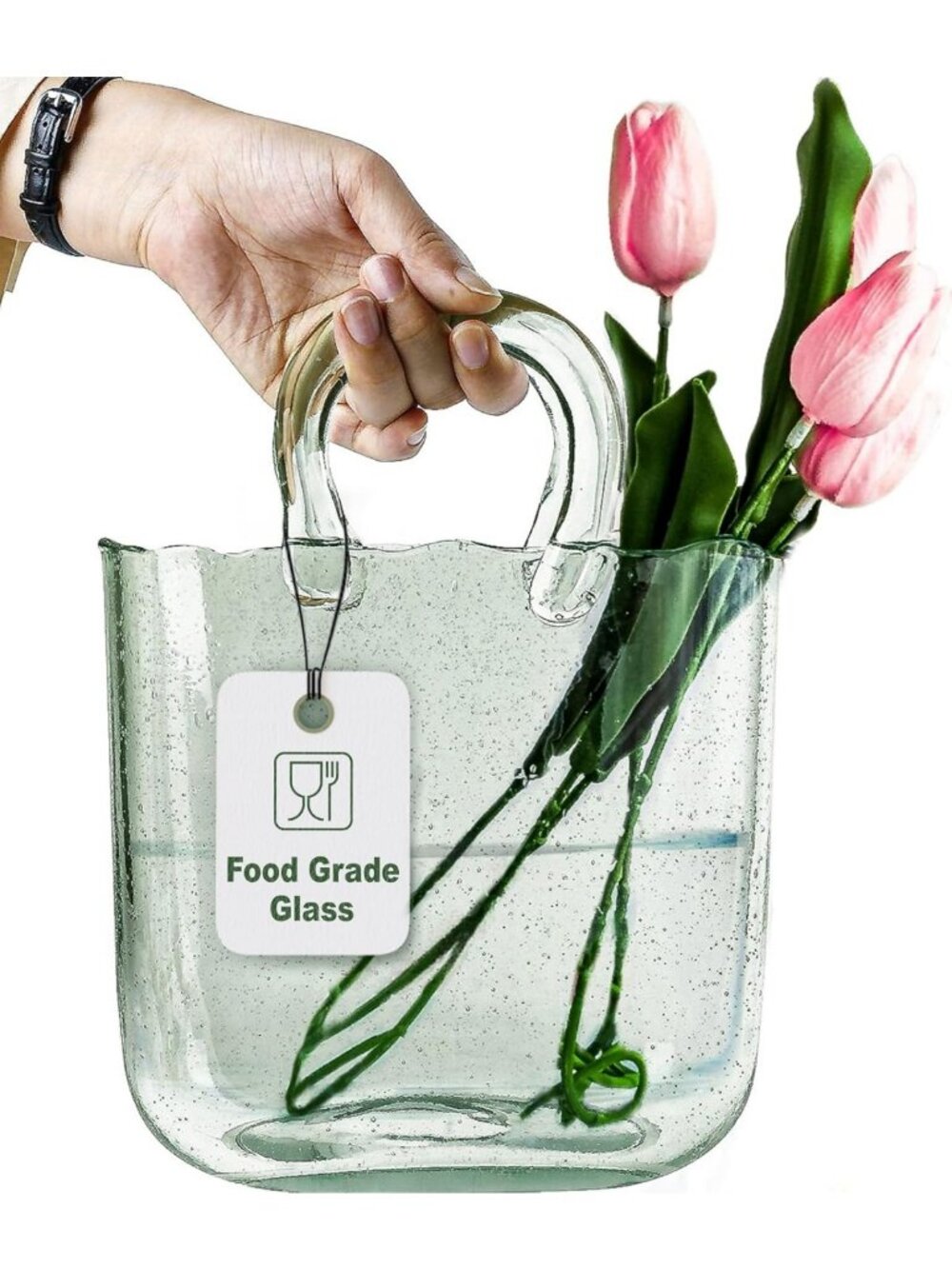 Handmade 10" Clear Glass Purse Vase - Unique Decorative Flower Centerpiece, Fish